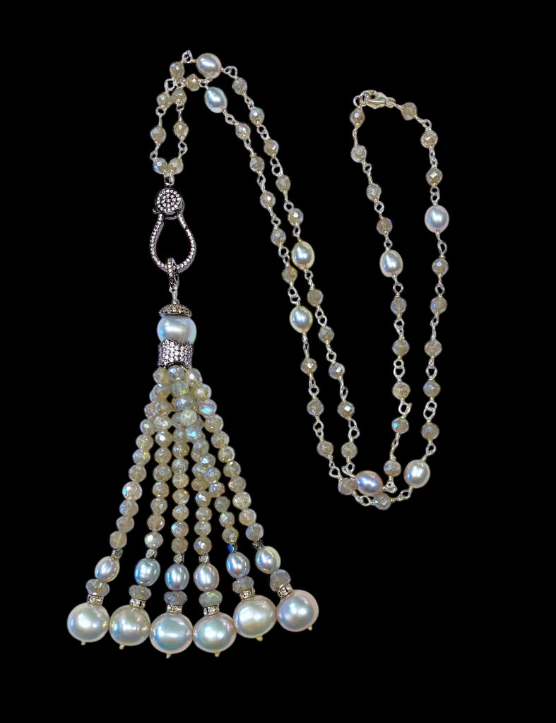 Mystic Labradorite Beaded Tassel Necklace Wire Wrap Sterling Silver