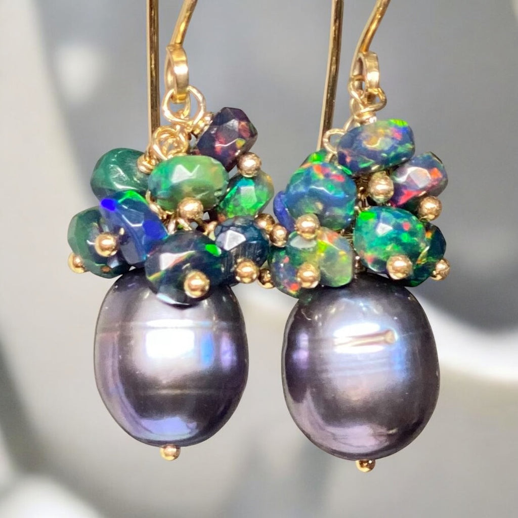 Black Grey Pearl Black Opal Cluster Earrings Gold