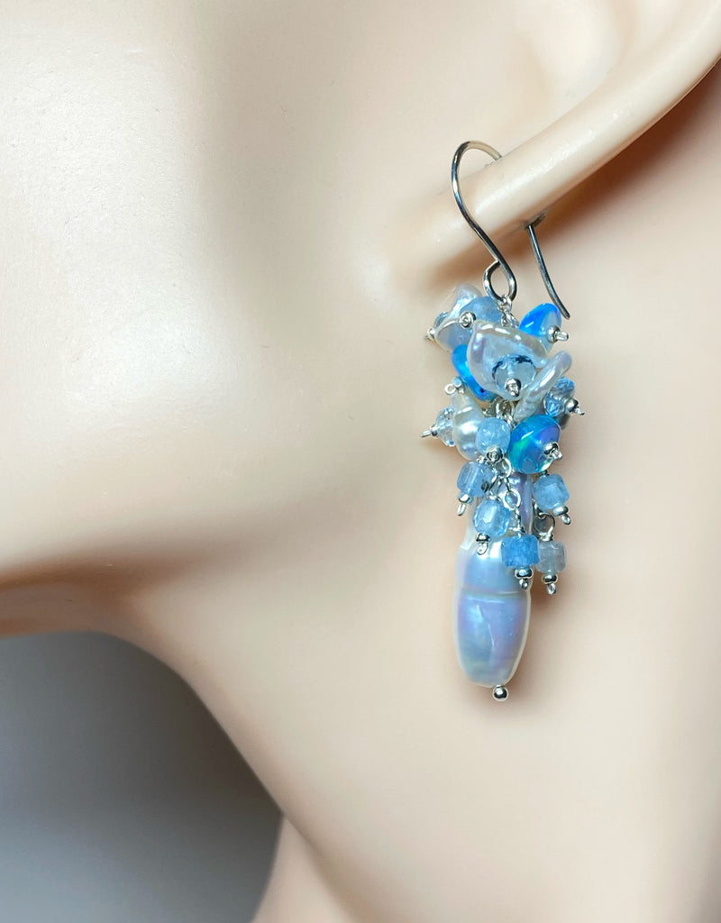 Blue Ethiopian Opal, Keishi Pearl and Gem Dangle Earrings Sterling Silver