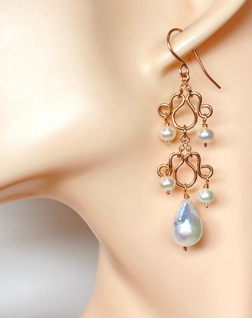 Baroque Pearl Rose Gold Chandelier Earrings