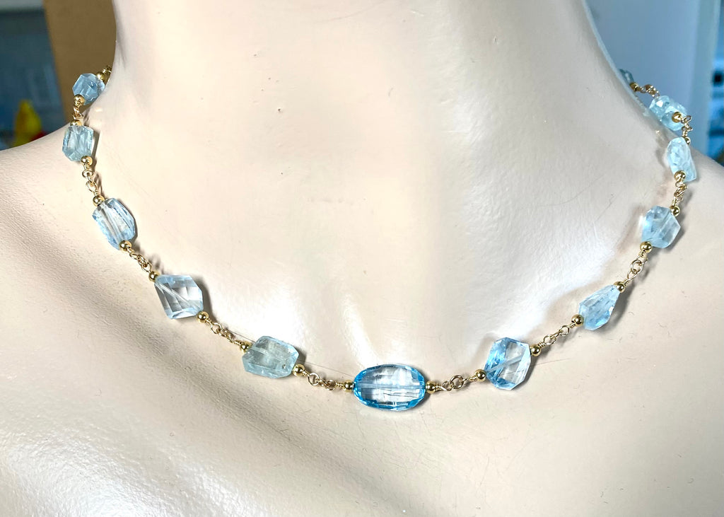 Blue Topaz and Aquamarine 14K Gold Fill Necklace Rosary Style Wire Wrap