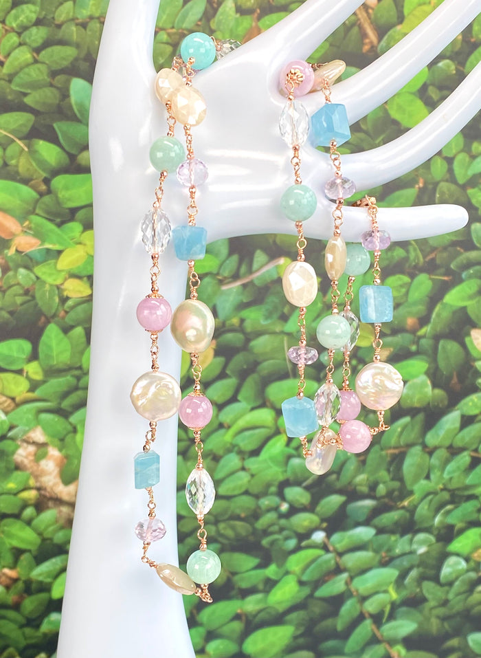 Long Multi Gemstone Pearl Necklace Aquamarine Amethyst Kunzite Rose Gold Fill - Doolittle