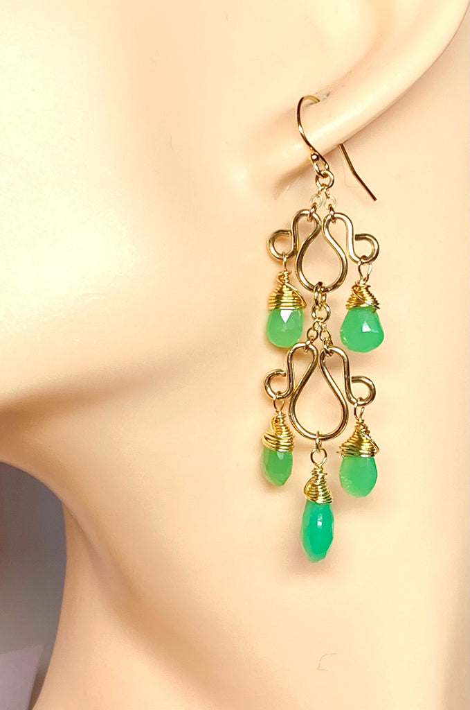 Green Chrysoprase Gemstone Long Gold Filled Chandelier Earrings