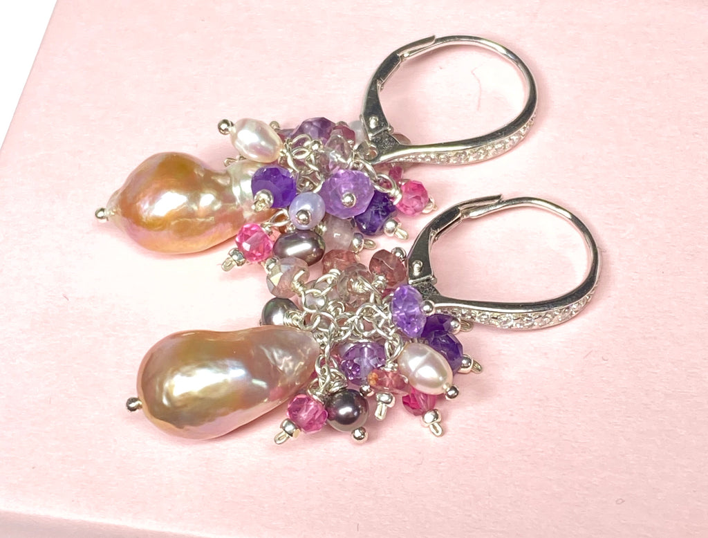 Baroque Pearl Amethyst Cluster Earrings Sterling SIlver