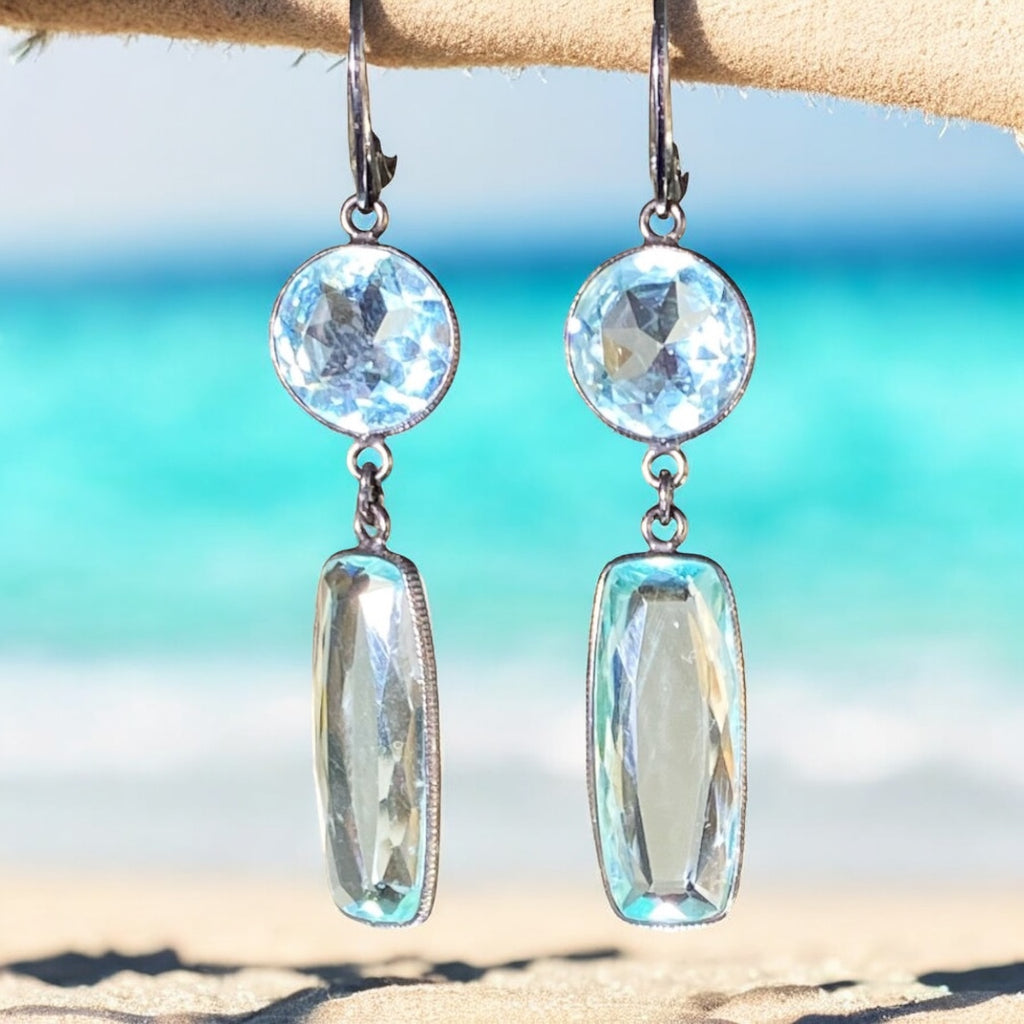 Long Sparkly Aqua Crystal Quartz Dangle Earrings Oxidized Silver