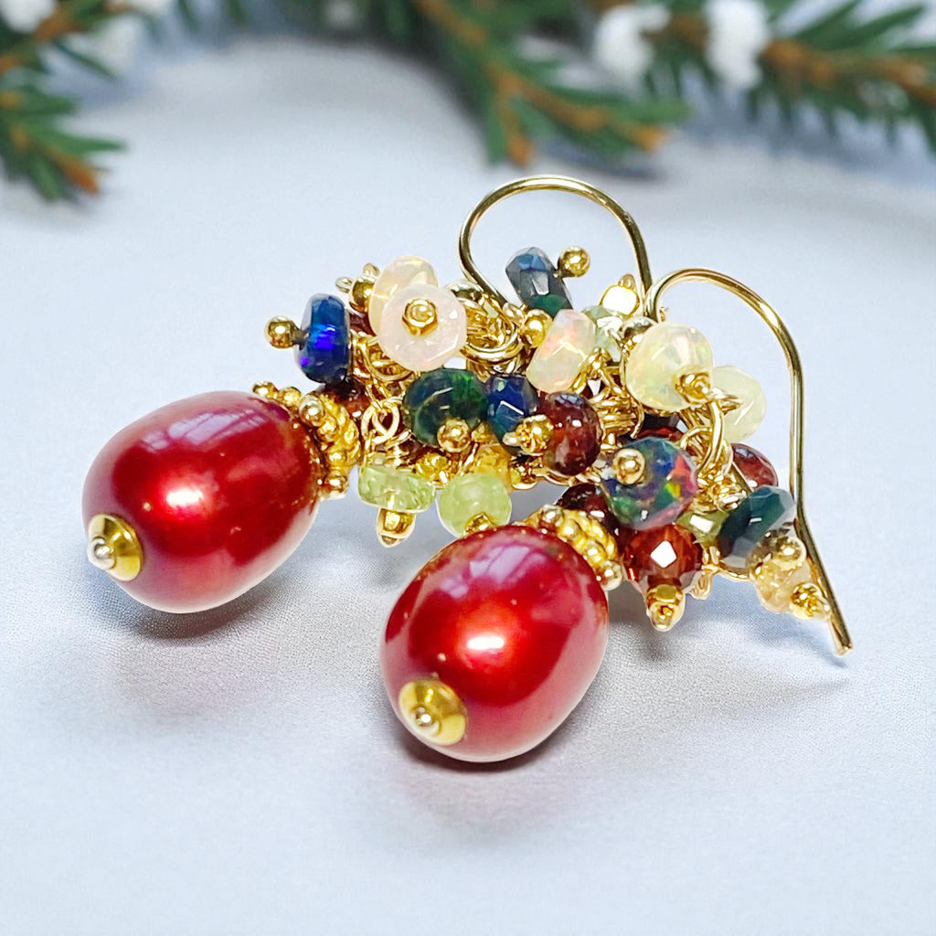 Red Pearl, Opal and Garnet Cluster Earrings Gold Fill 2
