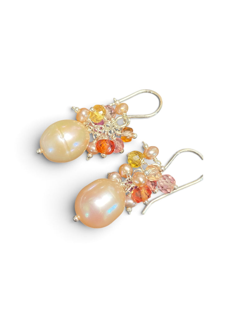 Blush Pink Pearl Cluster Earrings with Padparadscha Sapphires, Sterling Silver