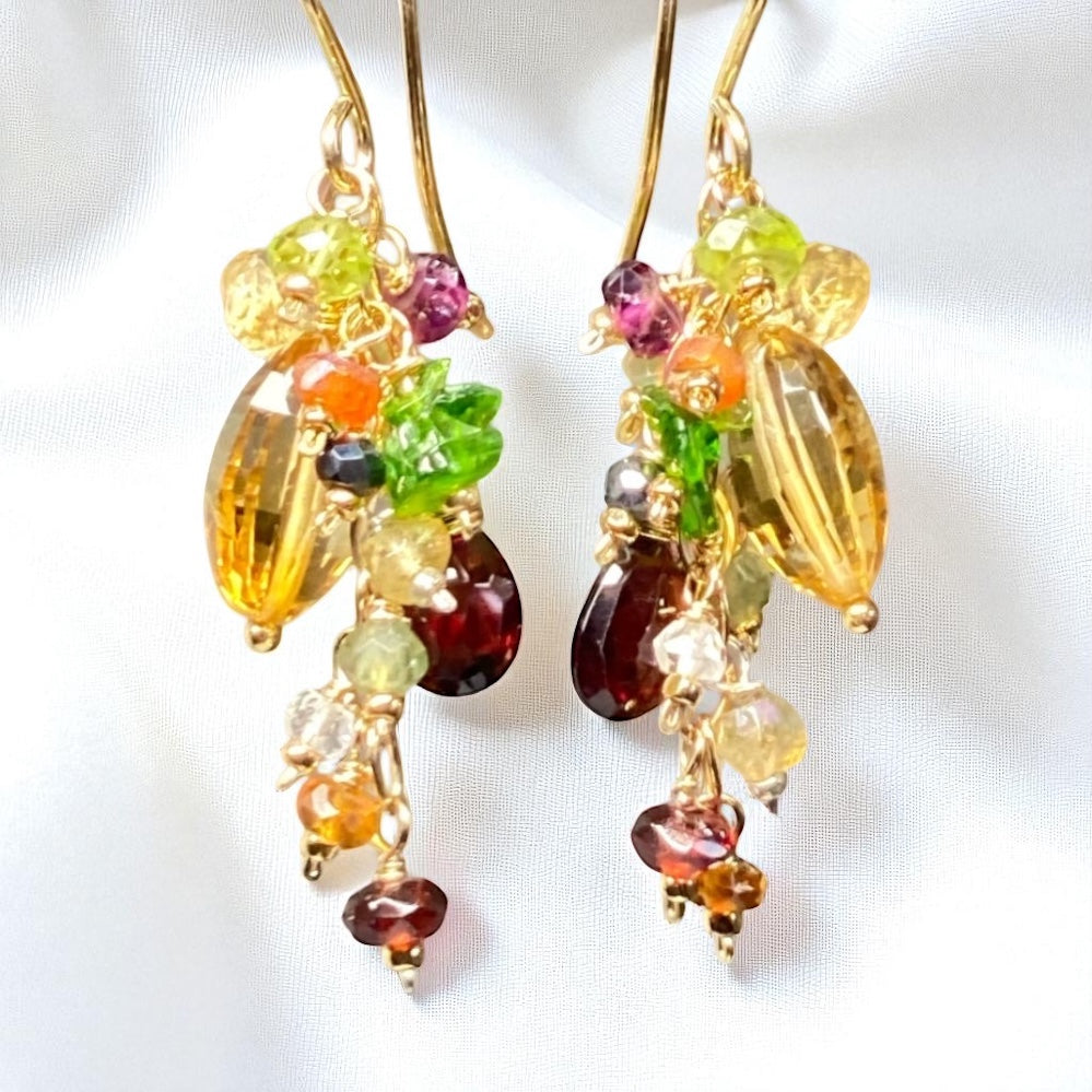 Citrine Dangle Earrings with Multi Gemstone Cluster, Garnet, Opal, Chrome Diopside