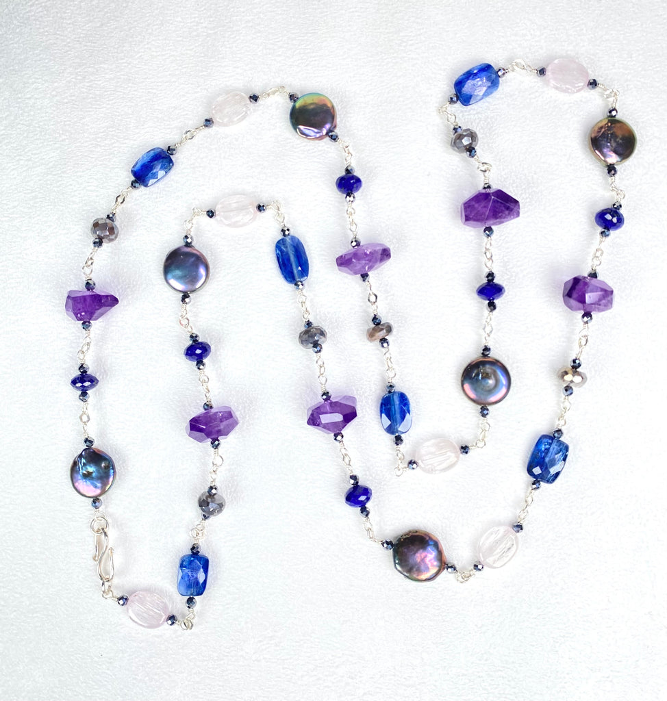 Long Blue Violet Necklace Amethyst Kyanite Kunzite Coin Pearl Sterling Silver