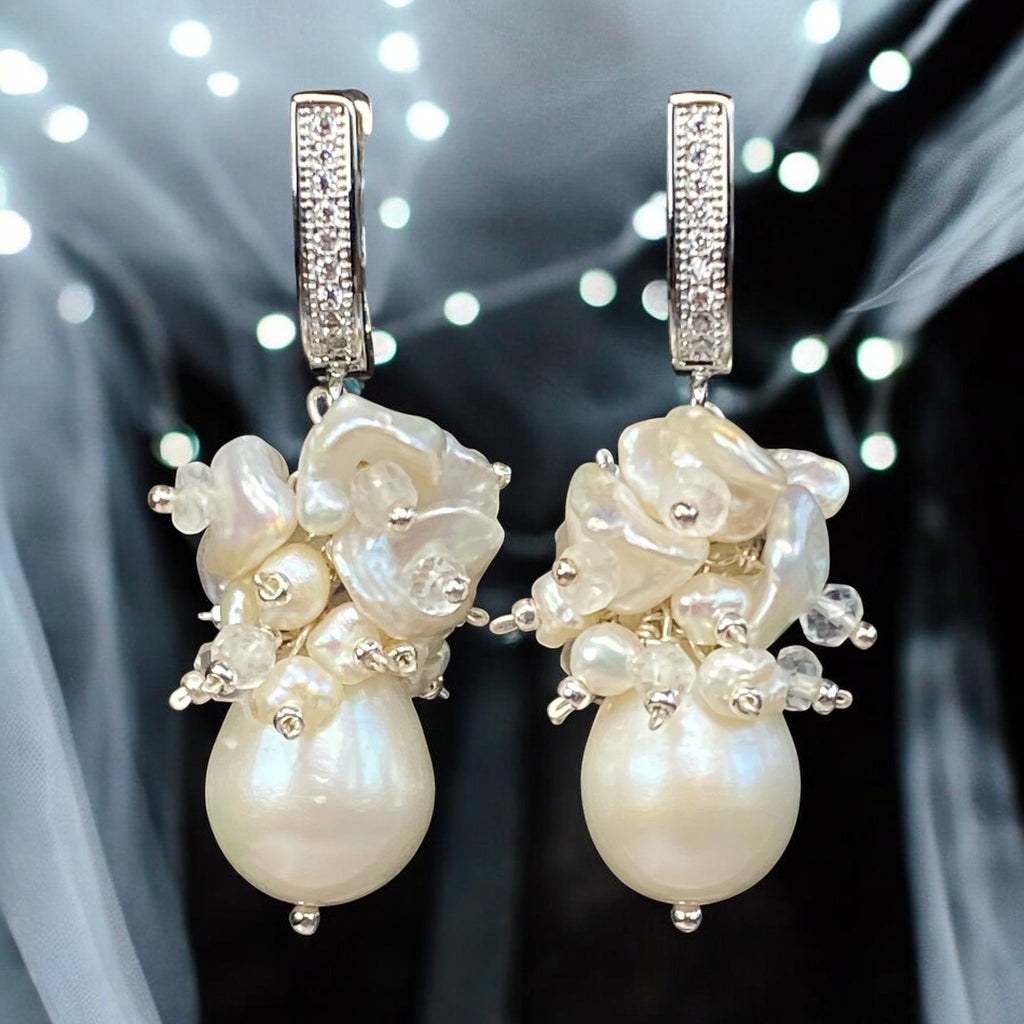Baroque Pearl Bridal Cluster Earrings Sterling Silver - Doolittle