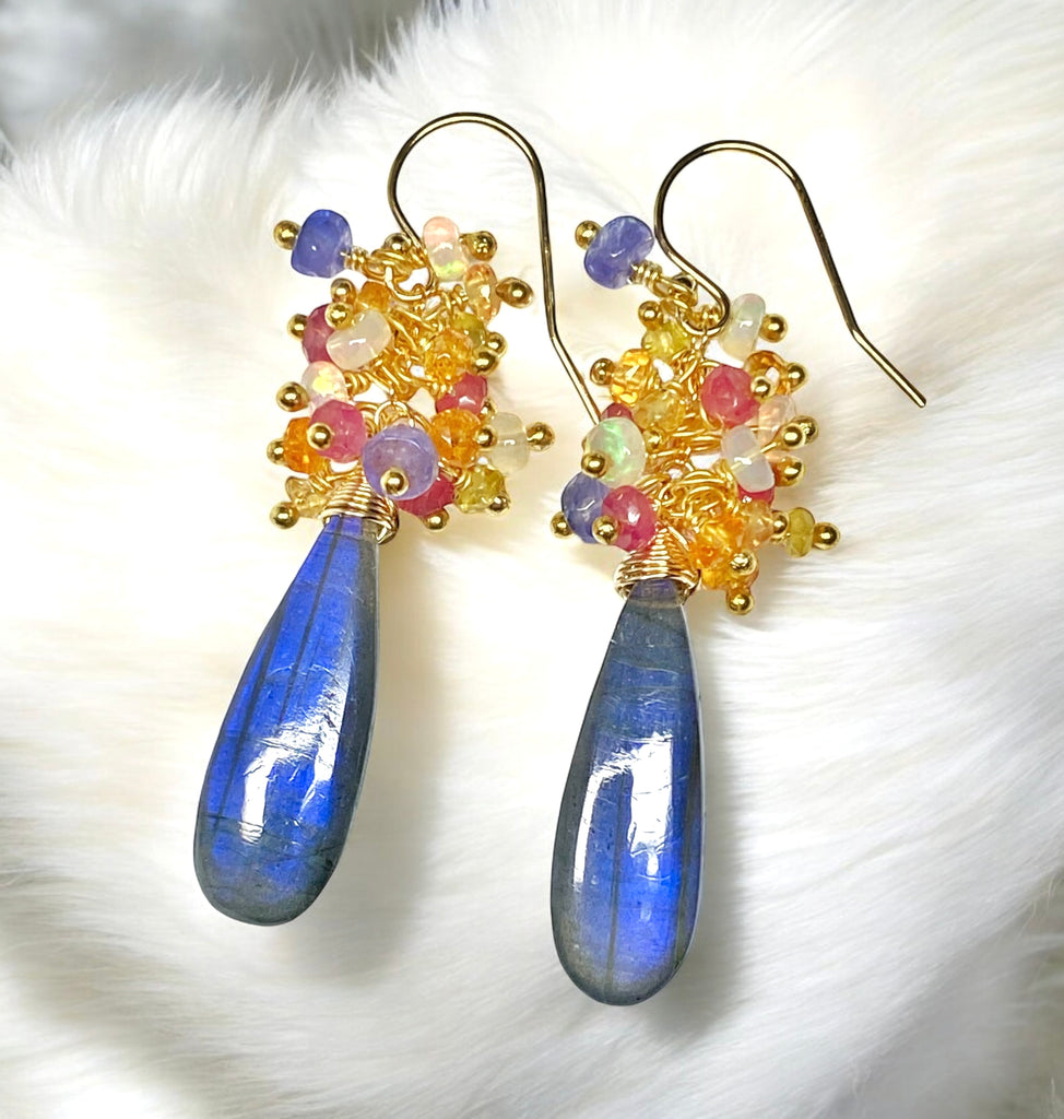 Labradorite and Sapphire Long Cluster Dangle Earrings Gold Fill