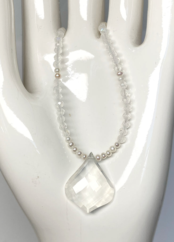 Dainty Rainbow Moonstone Pearl, Ice Quartz Pendant Bridal Necklace