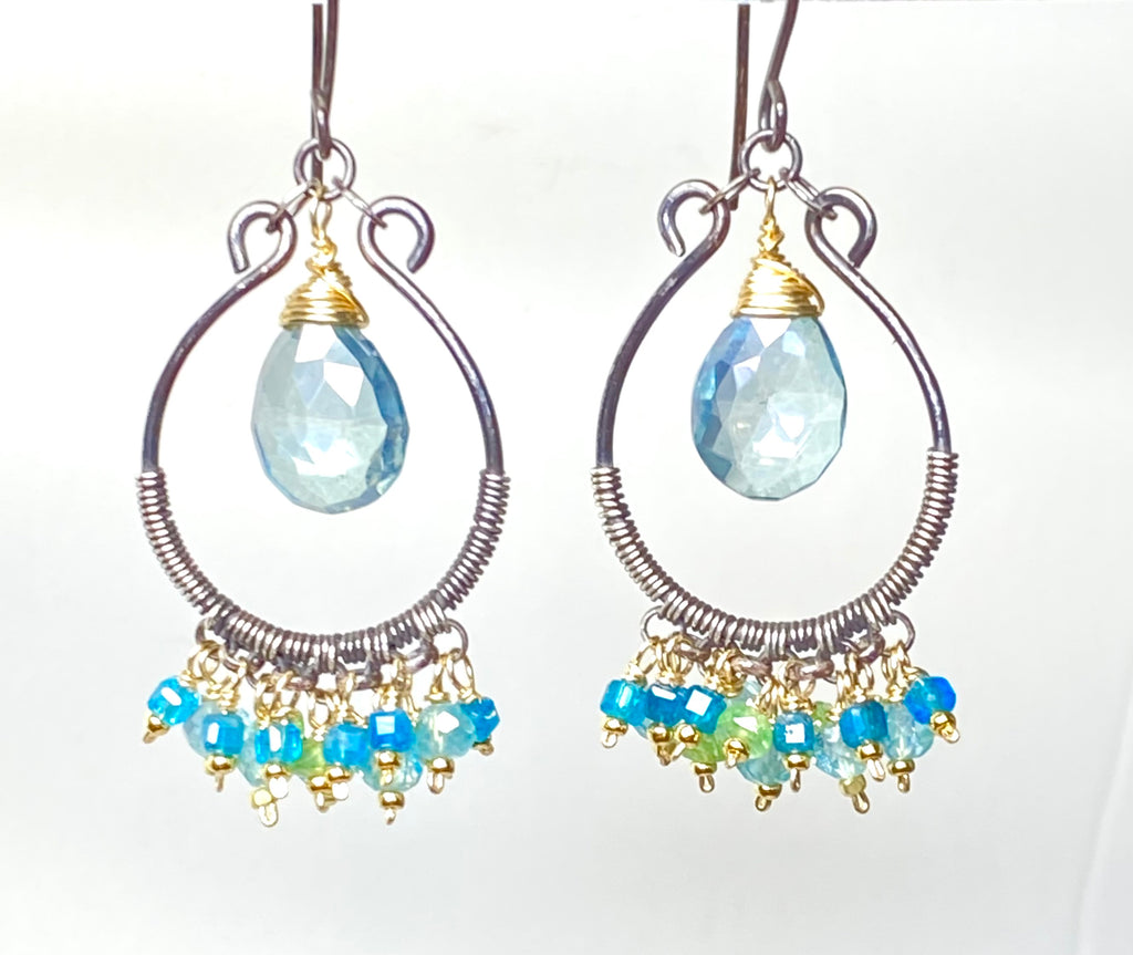 Aqua Apatite Oxidized Sterling Silver Hoop Chandelier Earrings