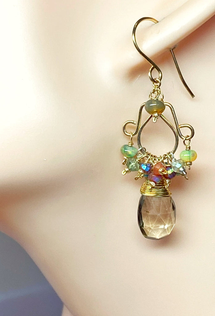 Mystic Smokey Quartz and Multicolor Gemstone Chandelier Earrings Gold Fill