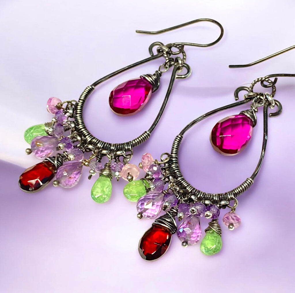 Multicolor Gemstone Statement Chandelier Earrings Oxidized Sterling Silver Amethyst Tsavorite Garnet - Doolittle