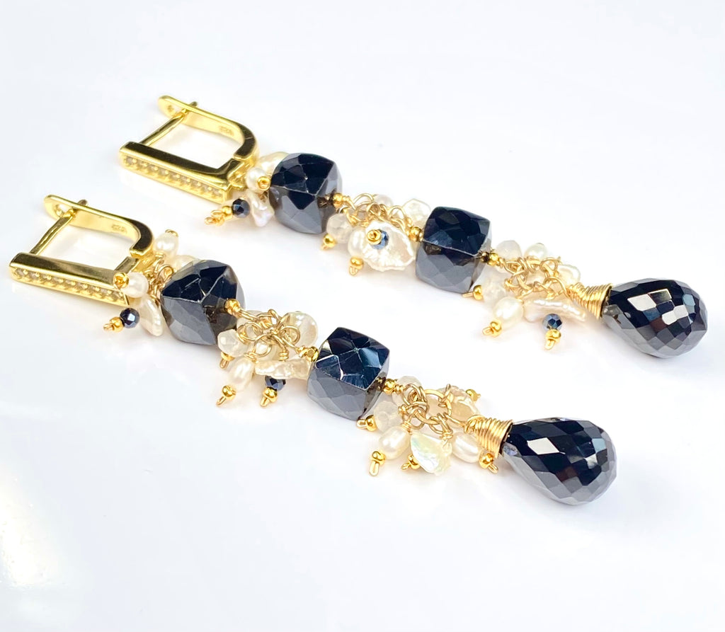 Black Spinel White Pearl Long Dangle Earrings