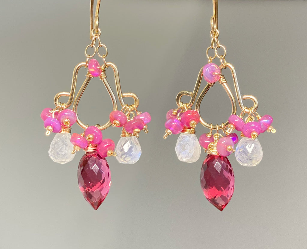 Rubellite Pink Quartz Moonstone Chandelier Earrings Pink Opals, Gold Fill