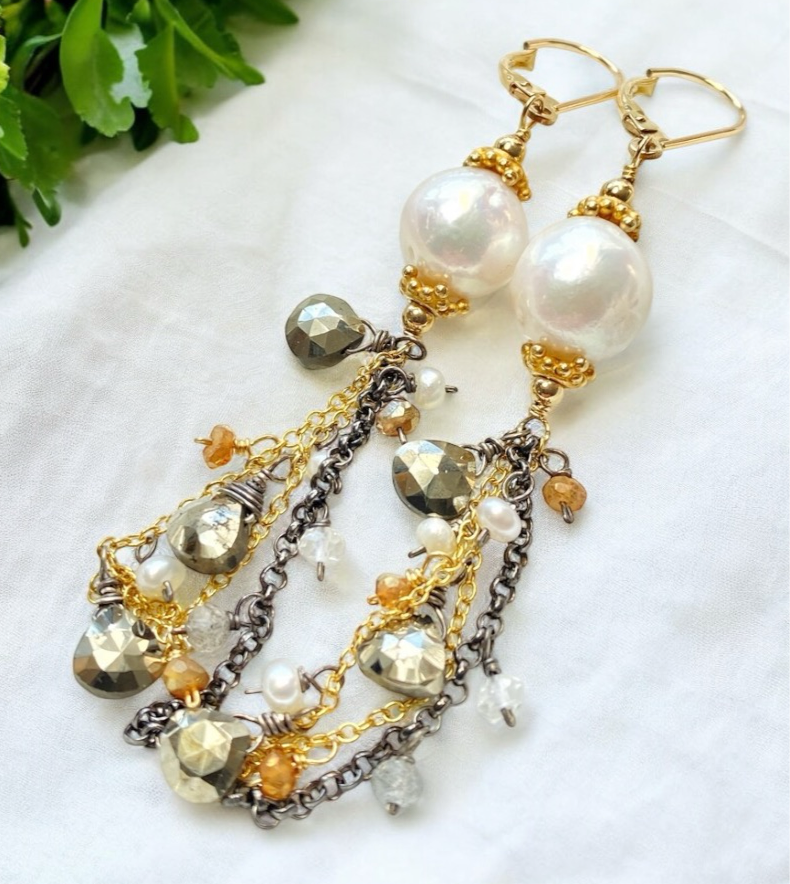 Edison Pearl Mixed Metal Long Dangle Earrings