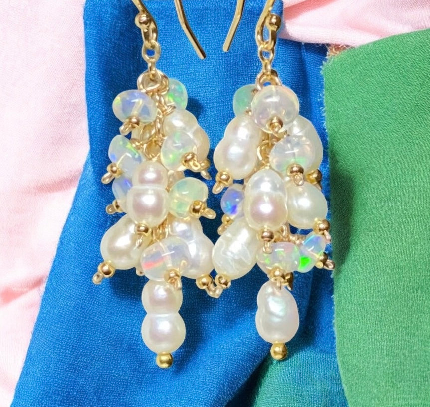 Pearl and White Ethiopian Opal Dangle Earrings Gold