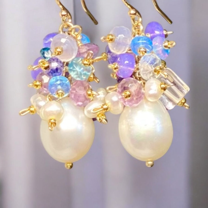 Gemstone Cluster Pearl Earrings Amethyst Iolite Gold Post