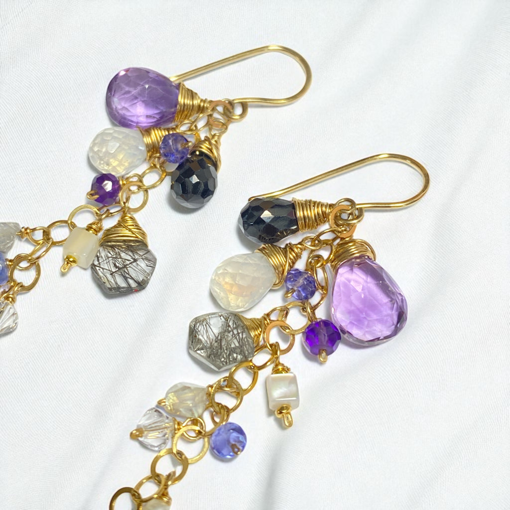 Amethyst Black Spinel Dangle Wire Wrap Moonstone Earrings 2