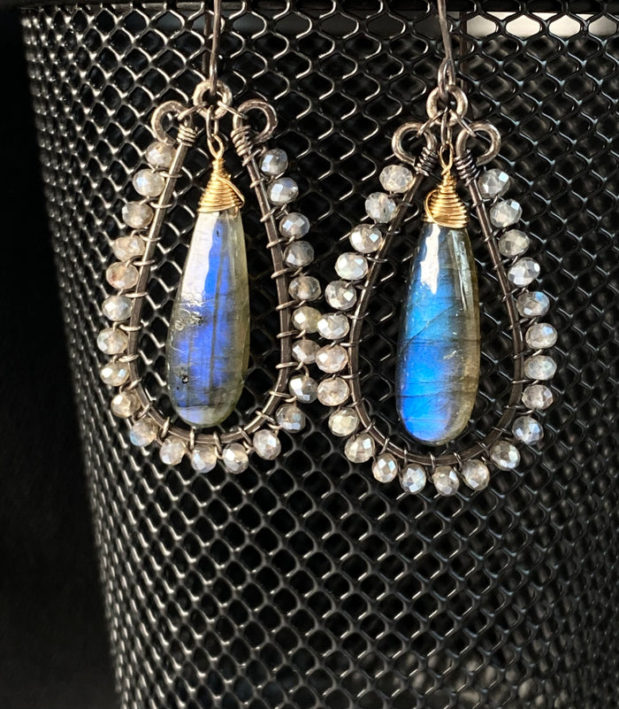 Blue Flash Labradorite Long Hoop Earrings - Oxidized Sterling Silver and Gold Fill