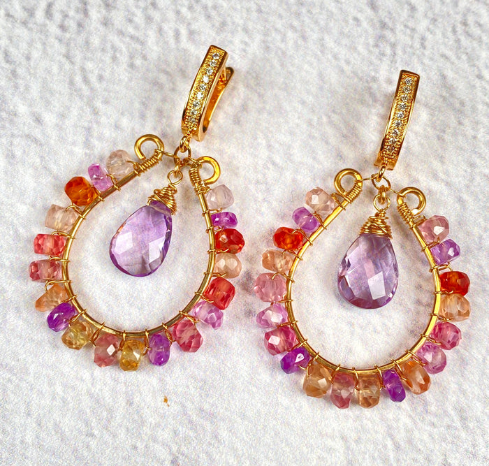 Colorful Gemstone Hoop Earrings:  Padparadscha Sapphire, Amethyst Quartz, Gold Fill, Statement Earrings - Doolittle