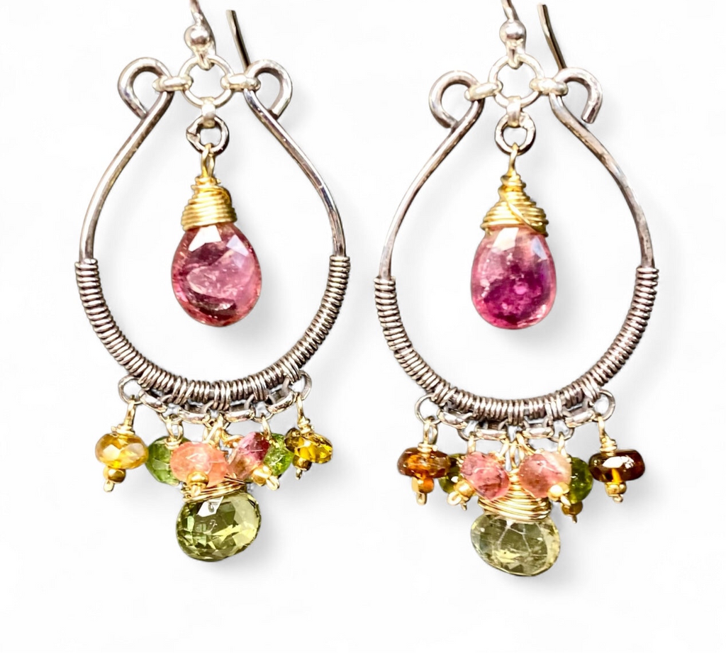 Pink and Green Tourmaline Mixed Metal Hoop Chandelier Earrings