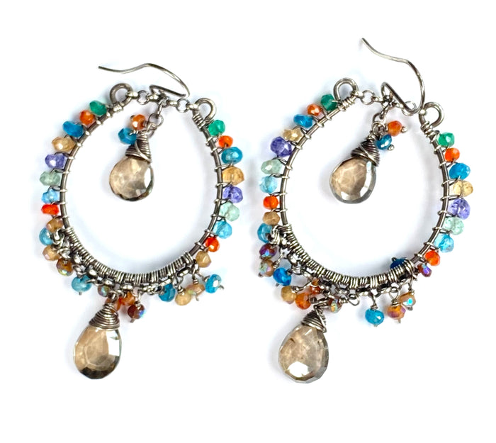 Multicolor Gemstone Hoop Chandelier Earrings, Mystic Smokey Quartz, Oxidized Silver