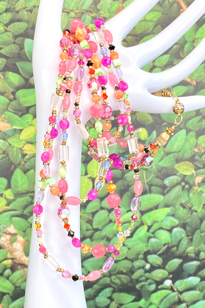 Summer Pink, Lavender Gemstone and Crystal Multi Strand Necklace