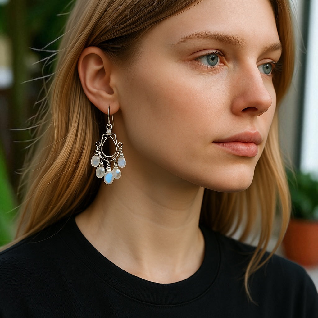 Rainbow Moonstone Sterling Silver Chandelier Statement Earrings