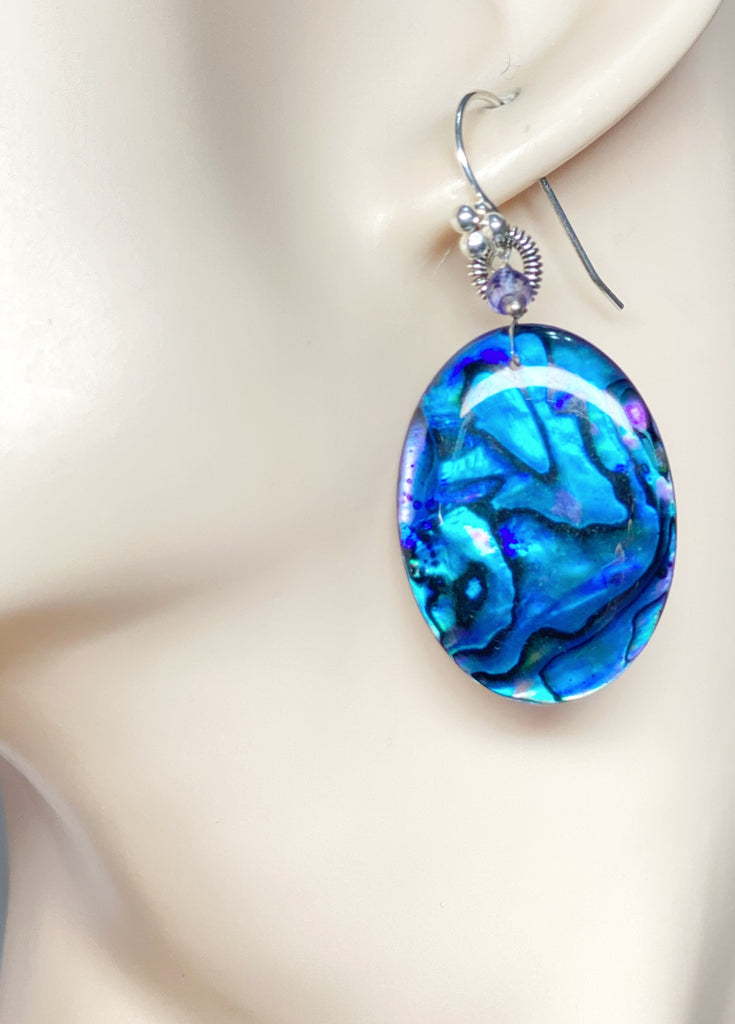 Blue Abalone Statement Dangle Earrings Sterling Silver
