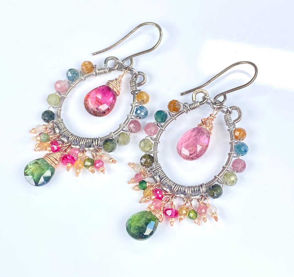 Pink and Green Tourmaline Mixed Metal Hoop Chandelier Earrings - Rose Gold, Oxidized Silver