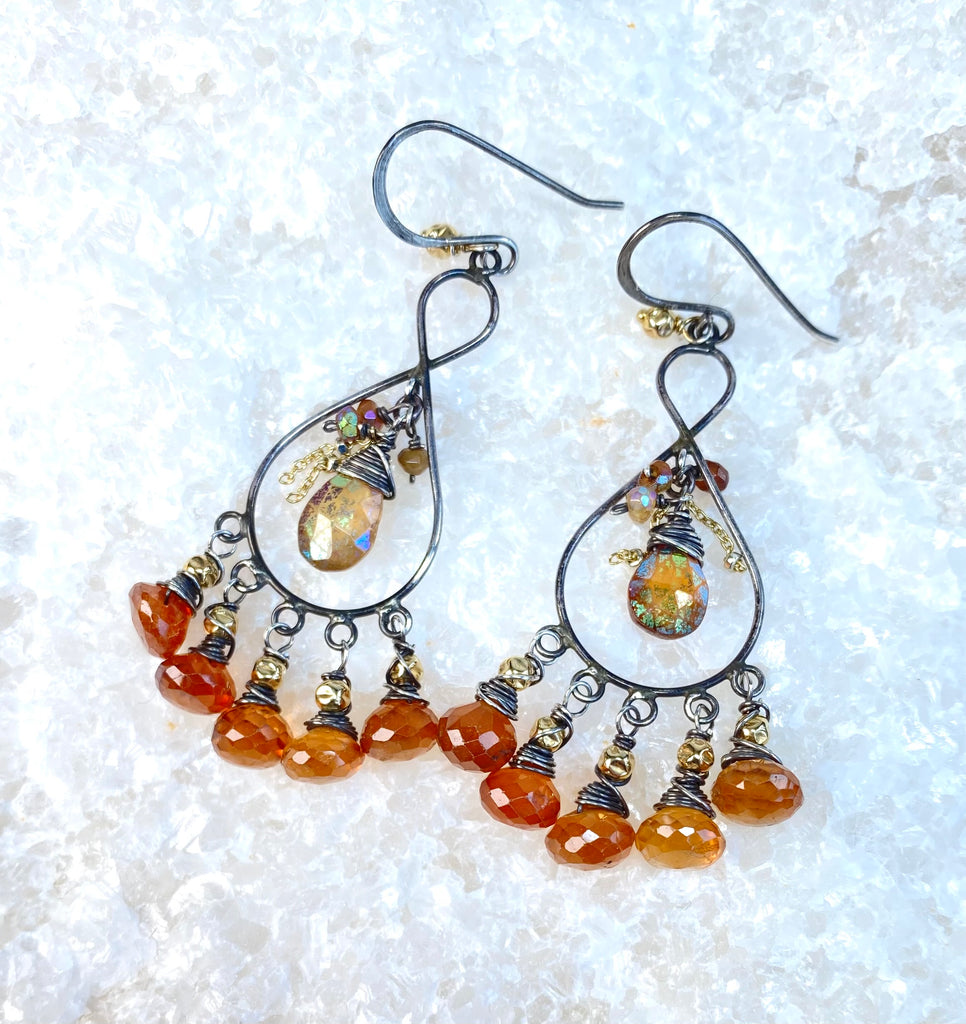 Hessonite Garnet Chandelier Earrings Oxidized Silver