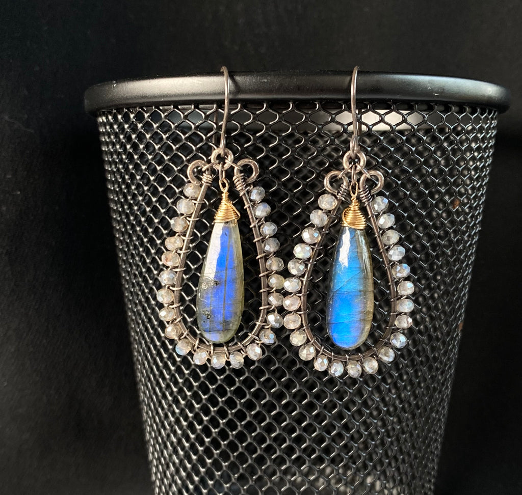 Blue Flash Labradorite Long Hoop Earrings - Oxidized Sterling Silver and Gold Fill