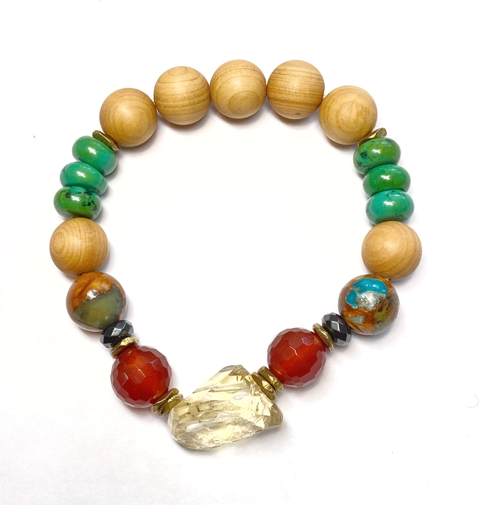 Colorful Beaded Stretch Bracelets Stack Set of 3 Sandalwood, Turquoise, Citrine