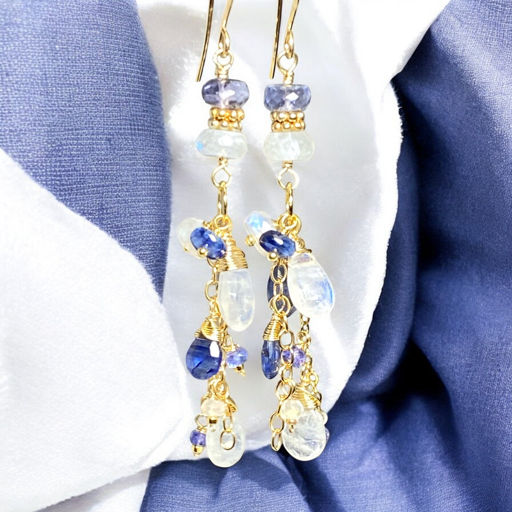 Rainbow Moonstone Tanzanite Kyanite Blue & White Boho Dangle Earrings
