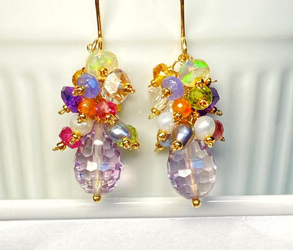 PInk Amethyst Multi Gemstone Cluster Dangle Earrings 2
