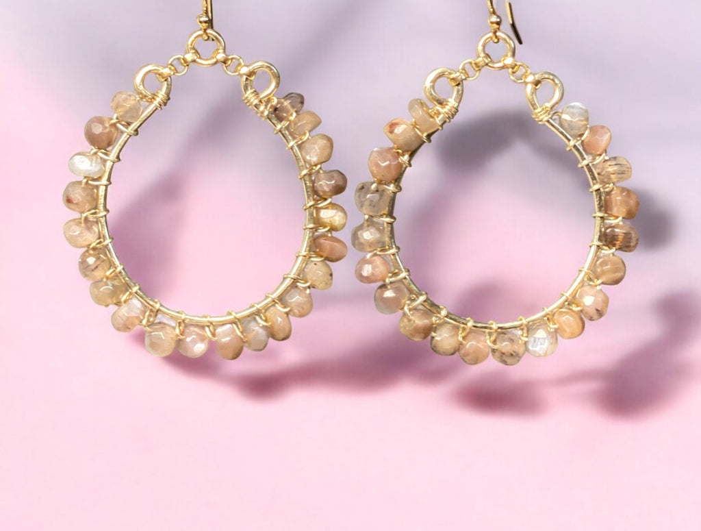 Chocolate Moonstone Hoop Earrings, Gold Fill, Sterling Silver