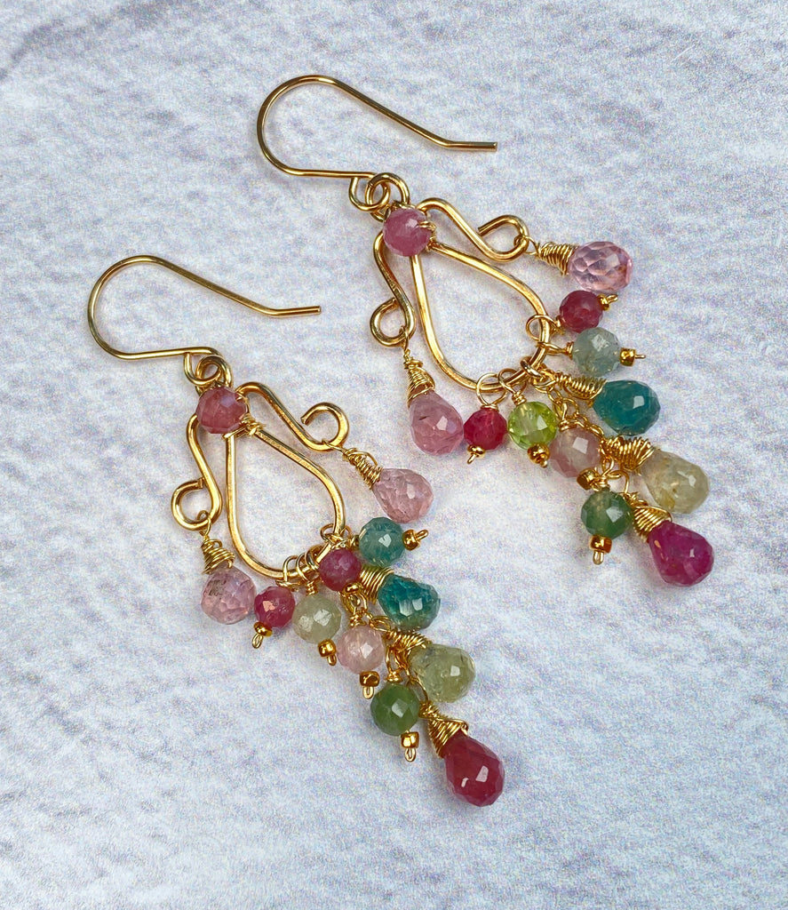 Multicolor Tourmaline Chandelier Earrings — Light Pink, Green & Blue, Gold Fill