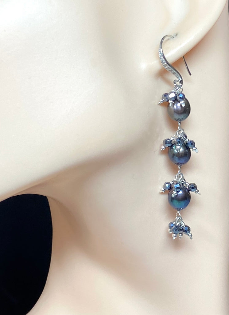 Black Peacock Pearl and Black Terahertz Long Dangle Earrings Sterling Silver - Doolittle