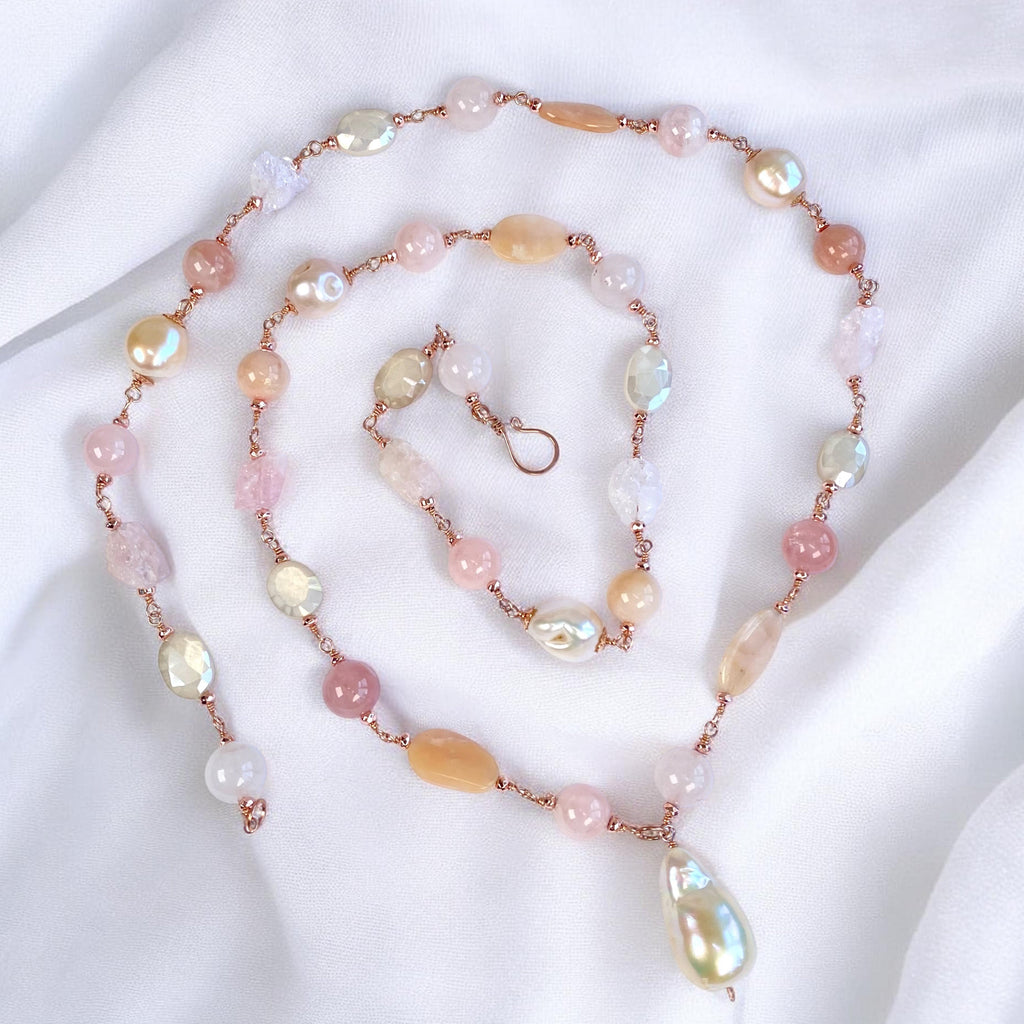 Pink Blush Pearl and Gemstone Long Pendant Necklace Rose Gold Fill Wire Wrap