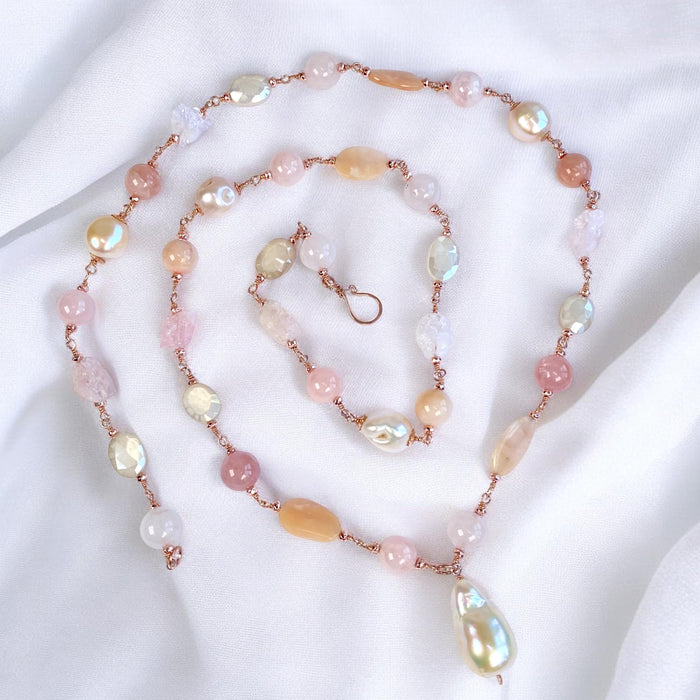 Pink Blush Pearl and Gemstone Long Pendant Necklace Rose Gold Fill Wire Wrap - Doolittle