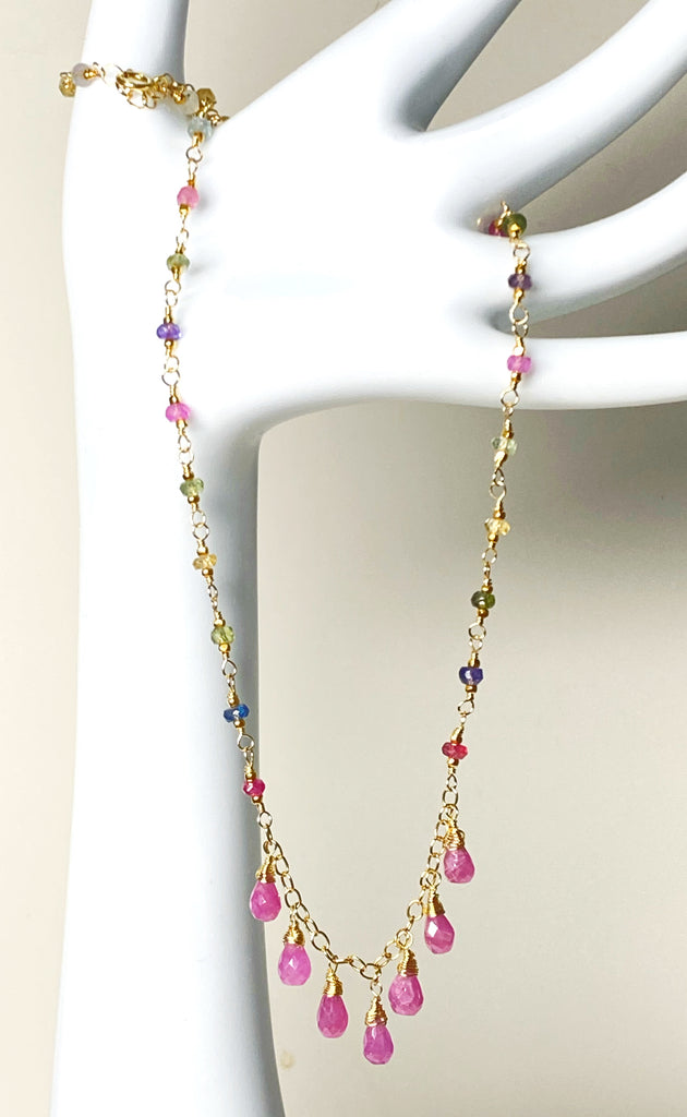 Pink Sapphire 14K Gold Fill Dangle Necklace Rosary Style Wire Wrap