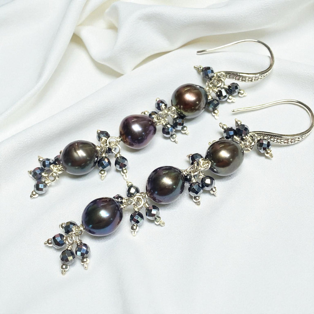 Long Peacock Pearl Earrings with Black Sparkly Gems, Sterling Silver