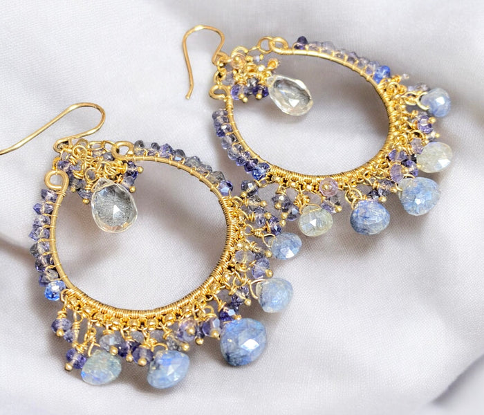 Blue Gemstone Hoop Chandelier Earrings Wire Wrap Sapphire