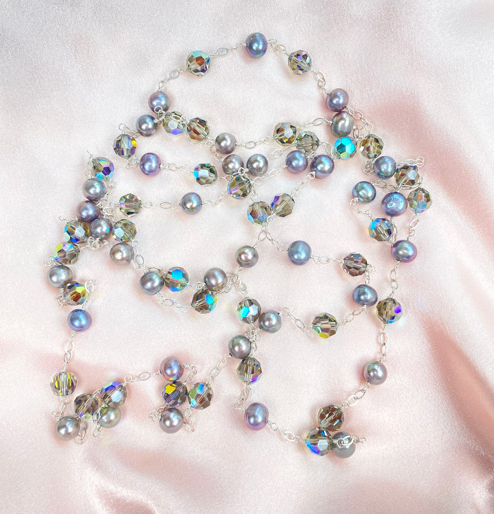Long Grey Pearl Austrian Crystal Sautoir Necklace — Sterling Silver Wire Wrap