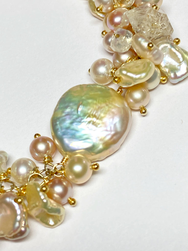 Ivory Blush Pearl Cluster Bracelet with Herkimer Diamond Quartz