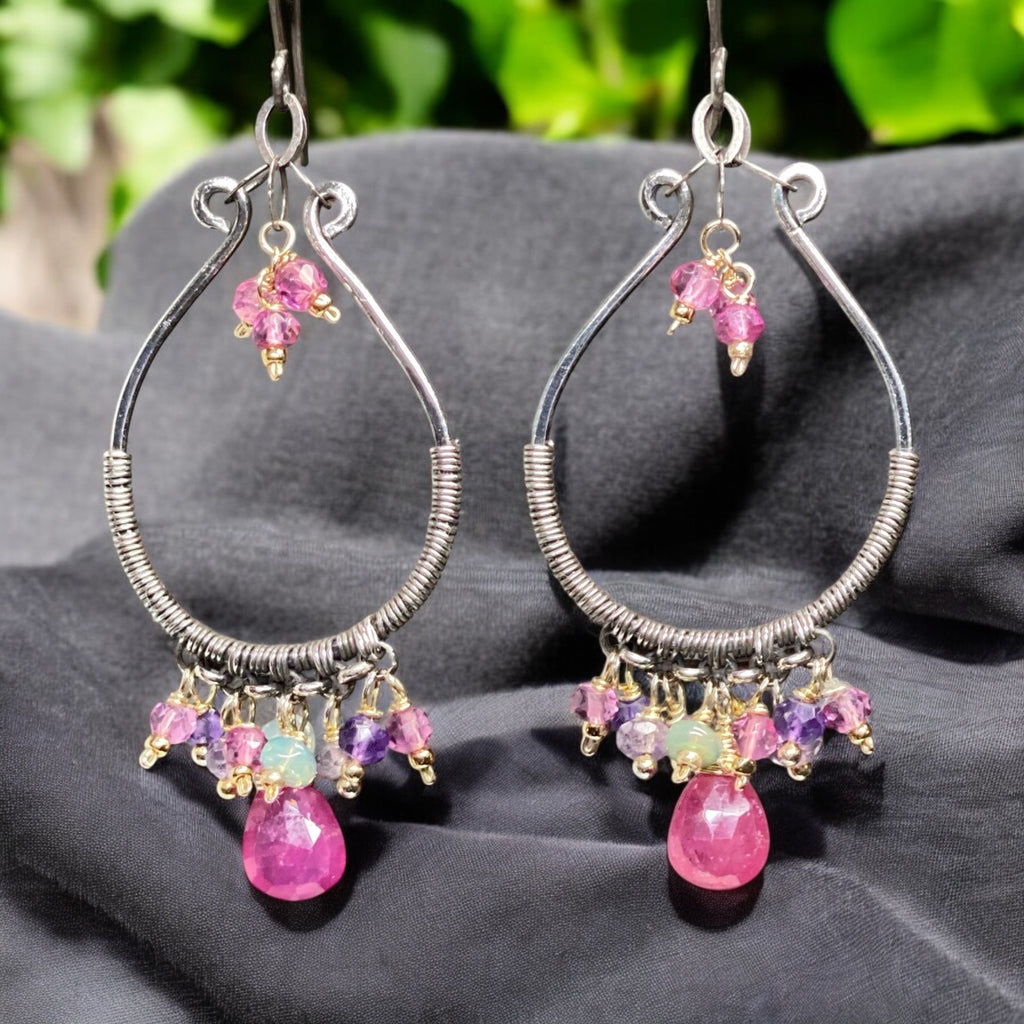 Oxidized Silver Hoop Chandelier Earrings, Pink Sapphire, Mixed Metals