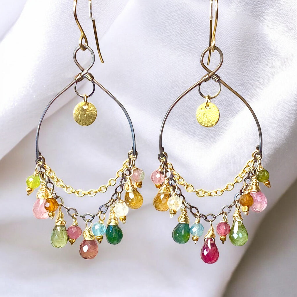 Tourmaline Gemstone Chandelier Earrings in Mixed Metals